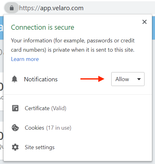 Allow notifications from Velaro on Google Chrome.