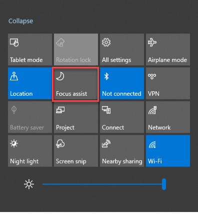 Focus assist option in the windows system tray.