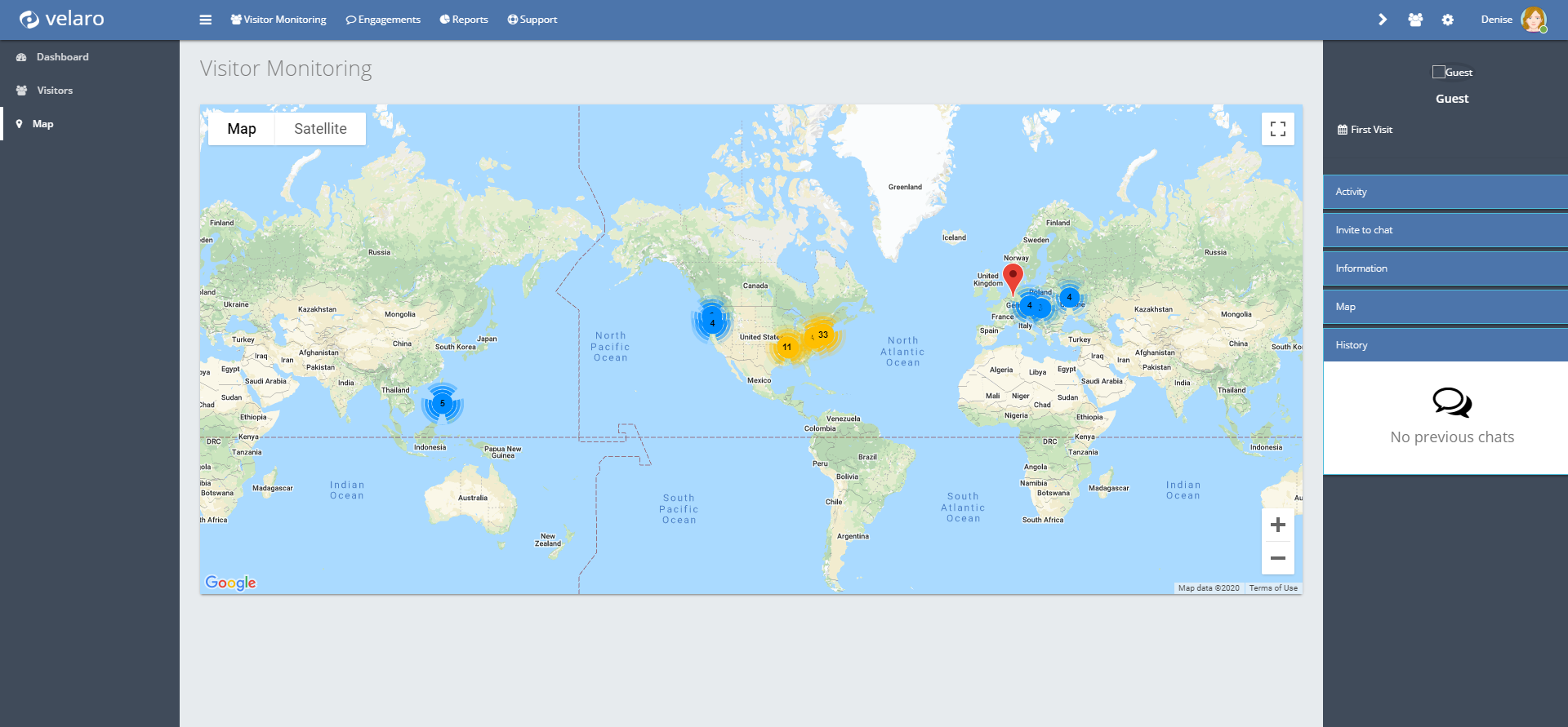 The "History" tab provides the history of chats that occurred with the visitor during their current visit.