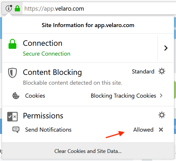 Confirm that Velaro notification permissions are allowed in Firefox.