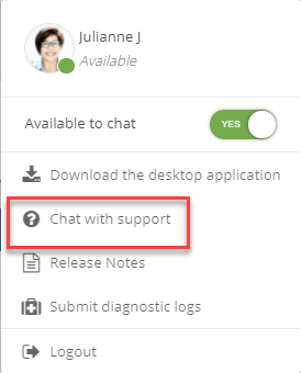 Chat with Support option in the profile menu.