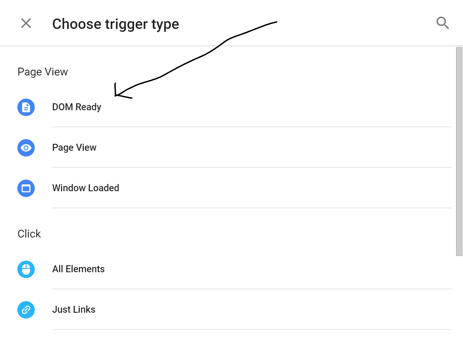 Select the "DOM Ready" trigger type.