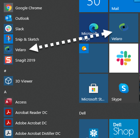 Velaro Desktop App as found in the Windows app menu