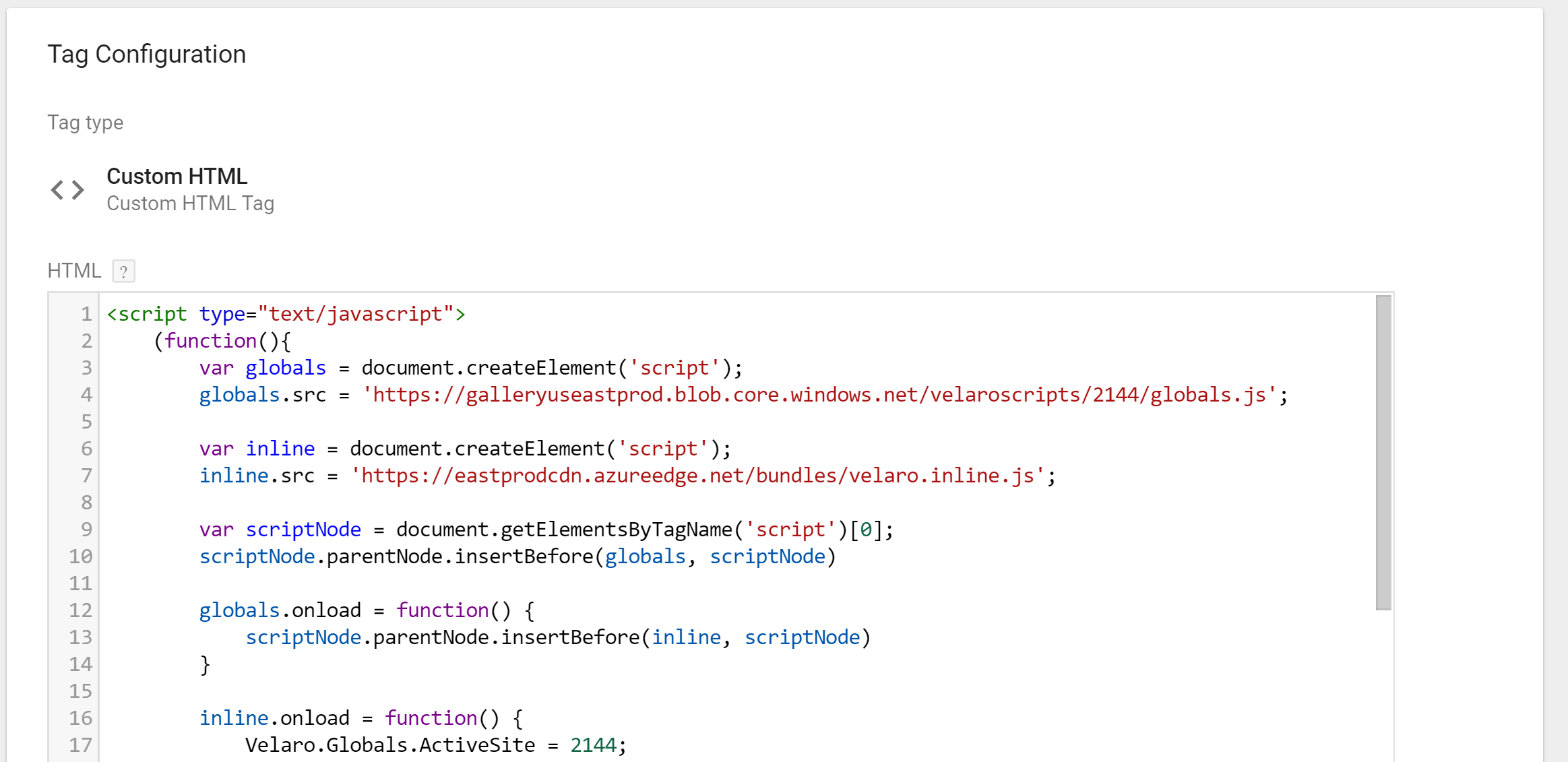 Paste the Velaro deployment script in the custom HTML tag control.