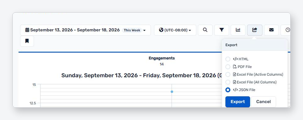 The Engagement report's Export panel, with JSON File selected alongside HTML, PDF, and Excel