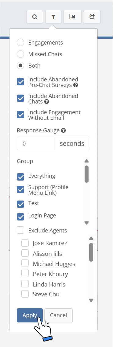 Remember to always click "Apply" to all filter selection changes. 