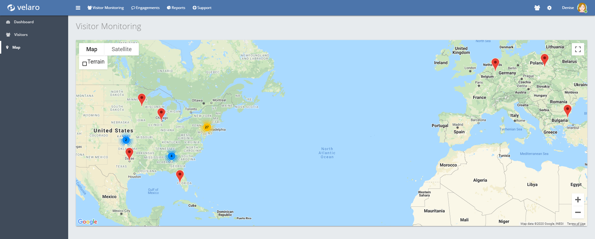 The Visitor Monitoring Map displays visitors in their general geo-location.