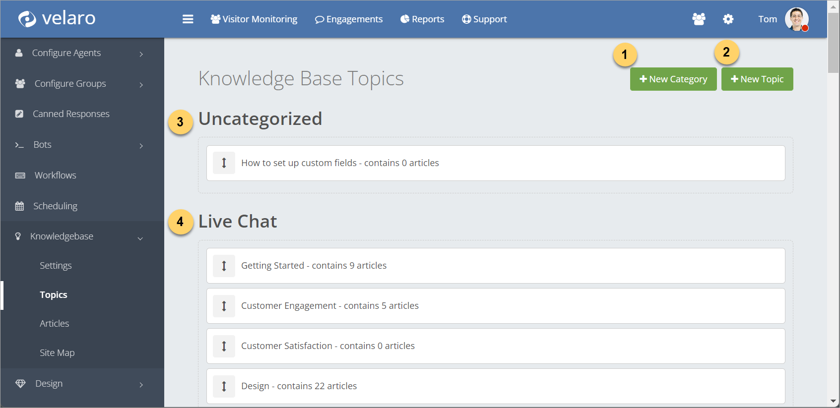 Knowledge base topics and category settings.