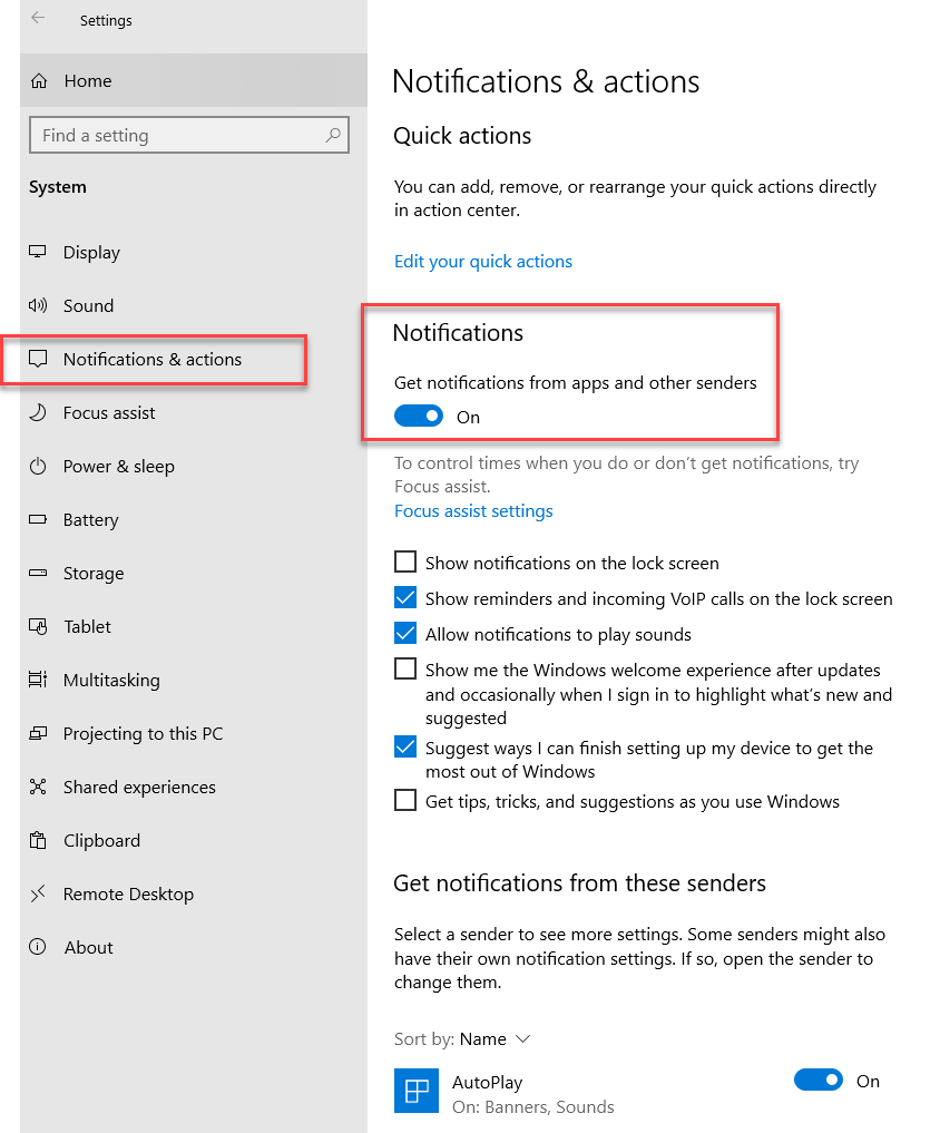 Windows interfaxce to disable the Focus Assist feature.