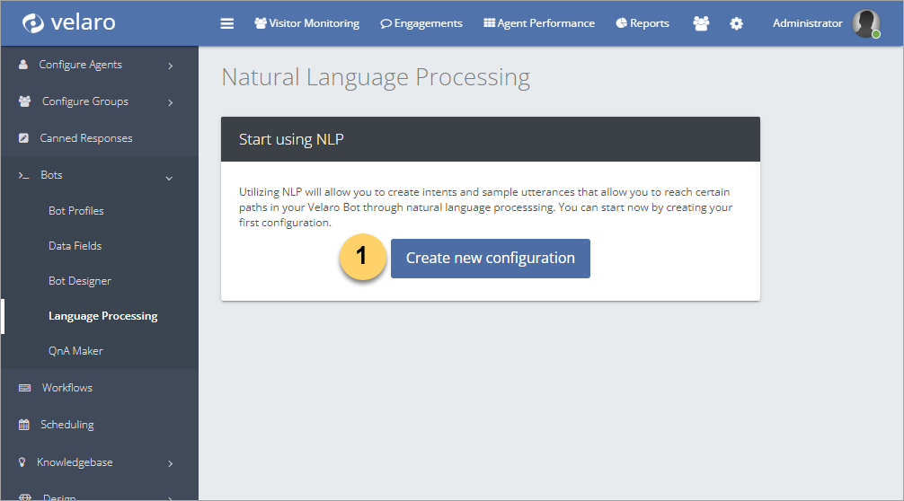 Chatbot language processing screen: create new configuration.