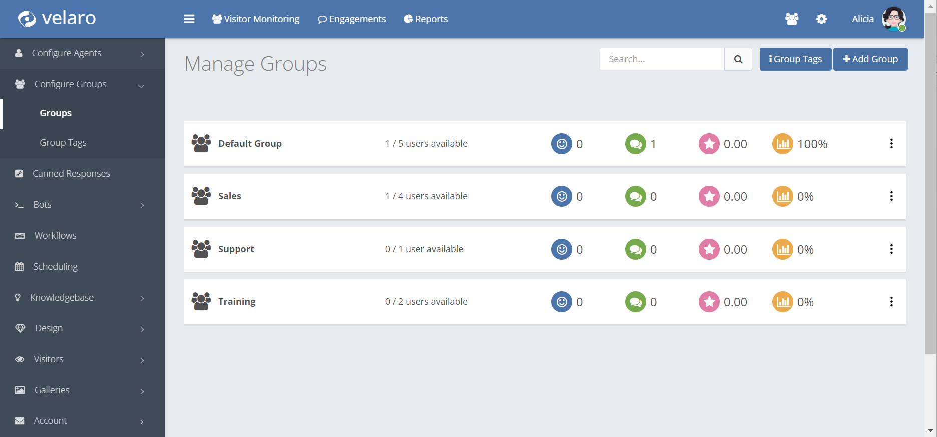 Manage groups screen