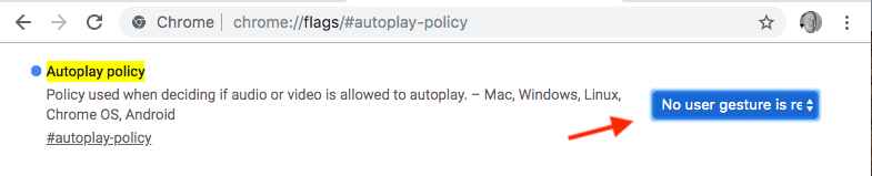 Set Chrome autoplay policy to "no user gesture is required".