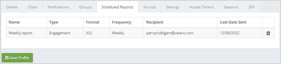 Scheduled reports screen in the profile menu
